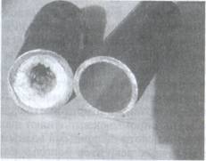 Конвективные трубки (d = 28 мм) водогрейного котла до и после очистки
