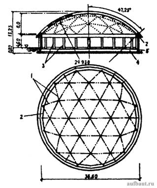 Разрез и план здания спортивного зала с клееным деревянным решетчатым куполом покрытия
