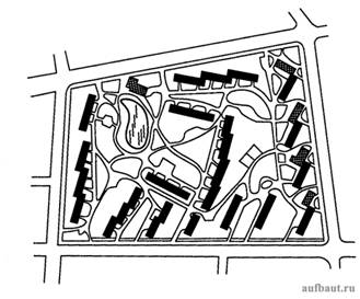 Пример свободной с элементом строчной планировки микрорайона