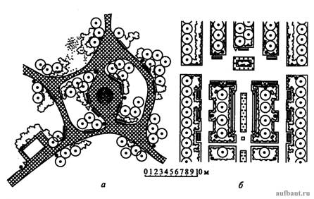 Примеры решений планировки и озеленения скверов в стиле: свободном (ландшафтном);  регулярном (классическом)